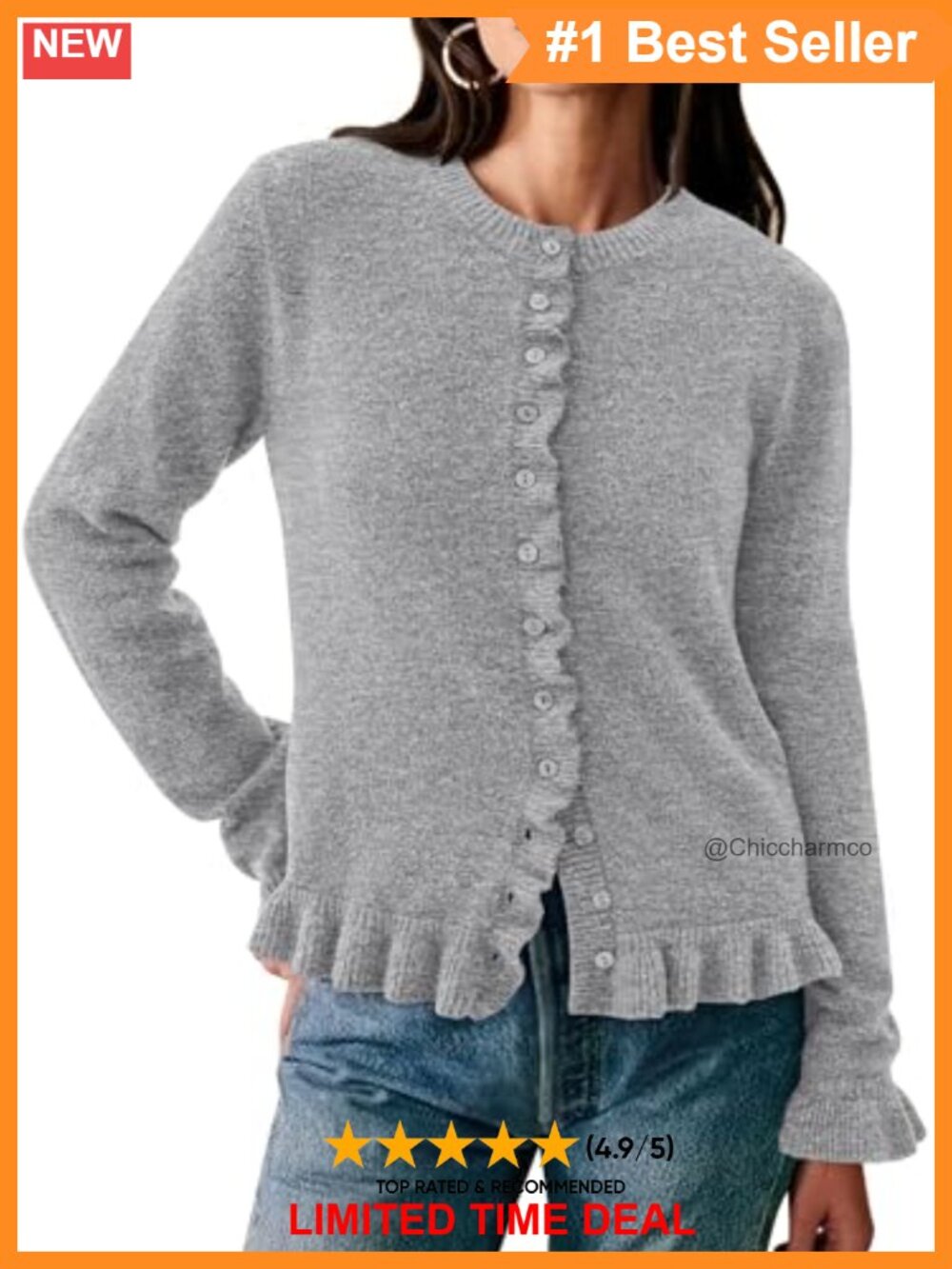 Ruffle Button Down Cropped Cardigan Chunky Knit Sweater